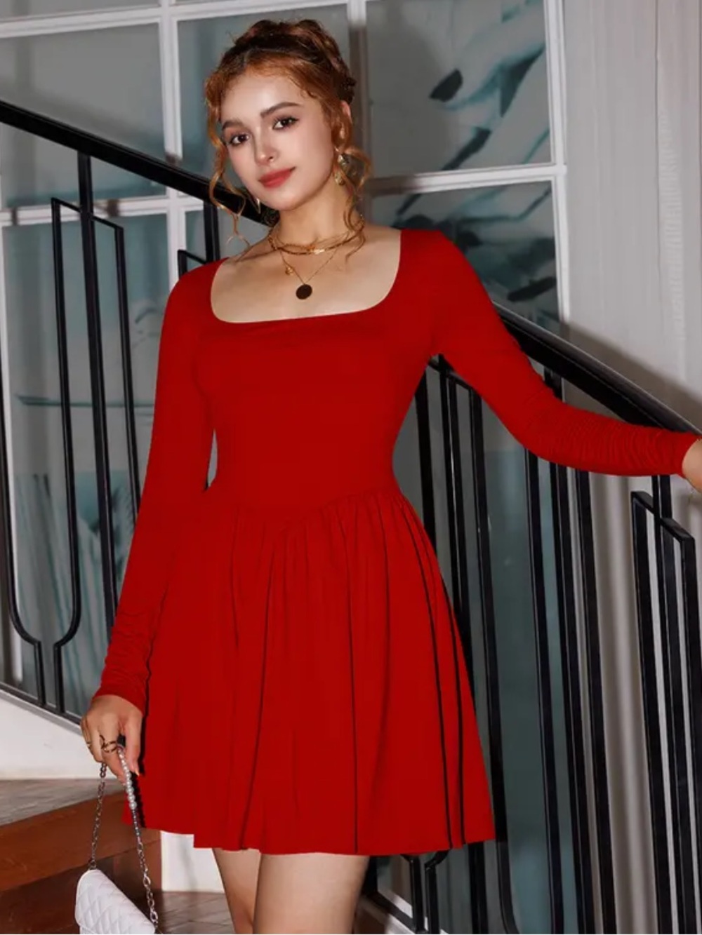 OYS Sz L Burgundy Casual Long Sleeve Mini Square Neck V Waist Tie Renfaire Red